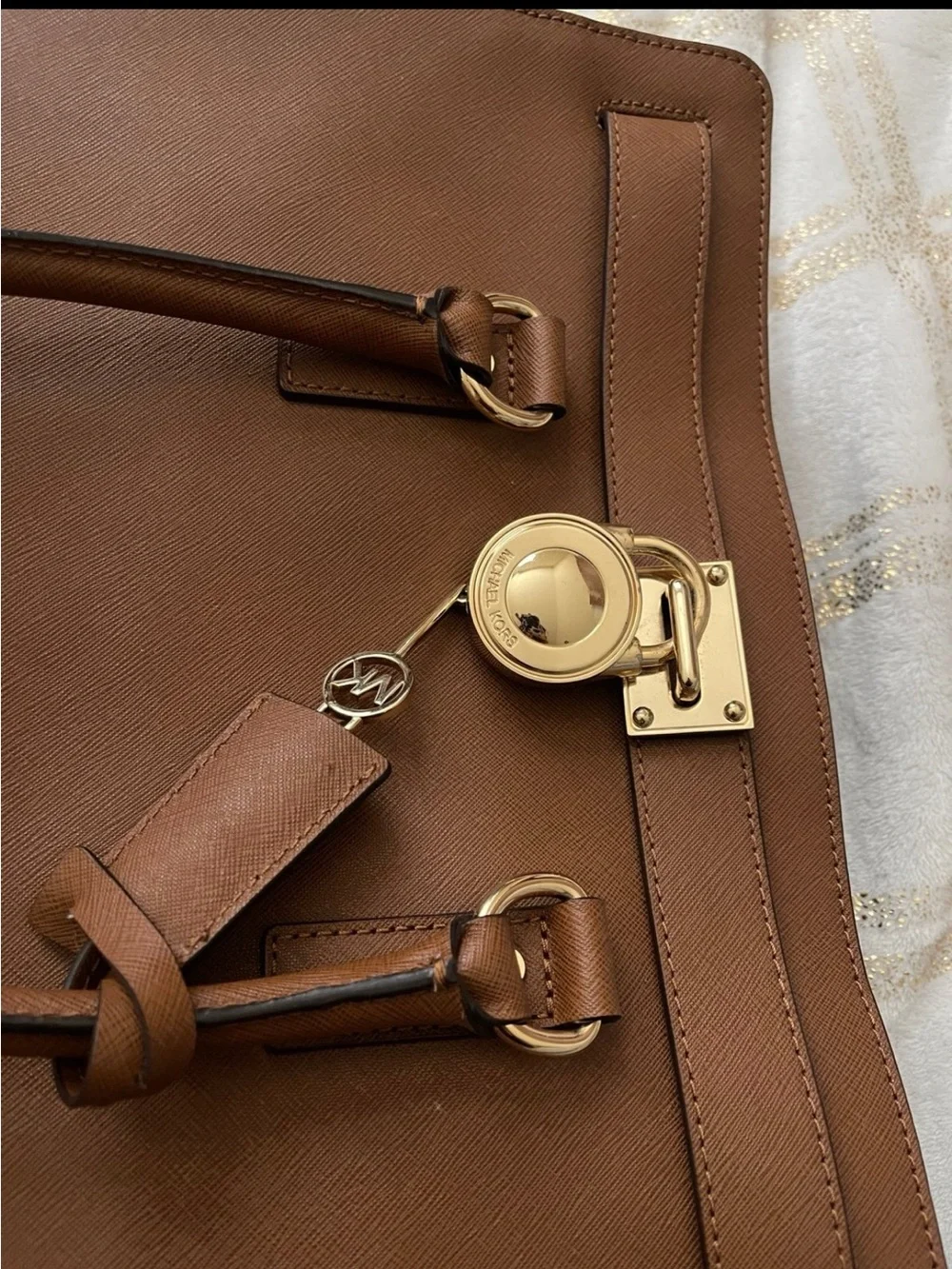 Michael Kors Cognac Saffiano Leather Satchel with Gold Accent